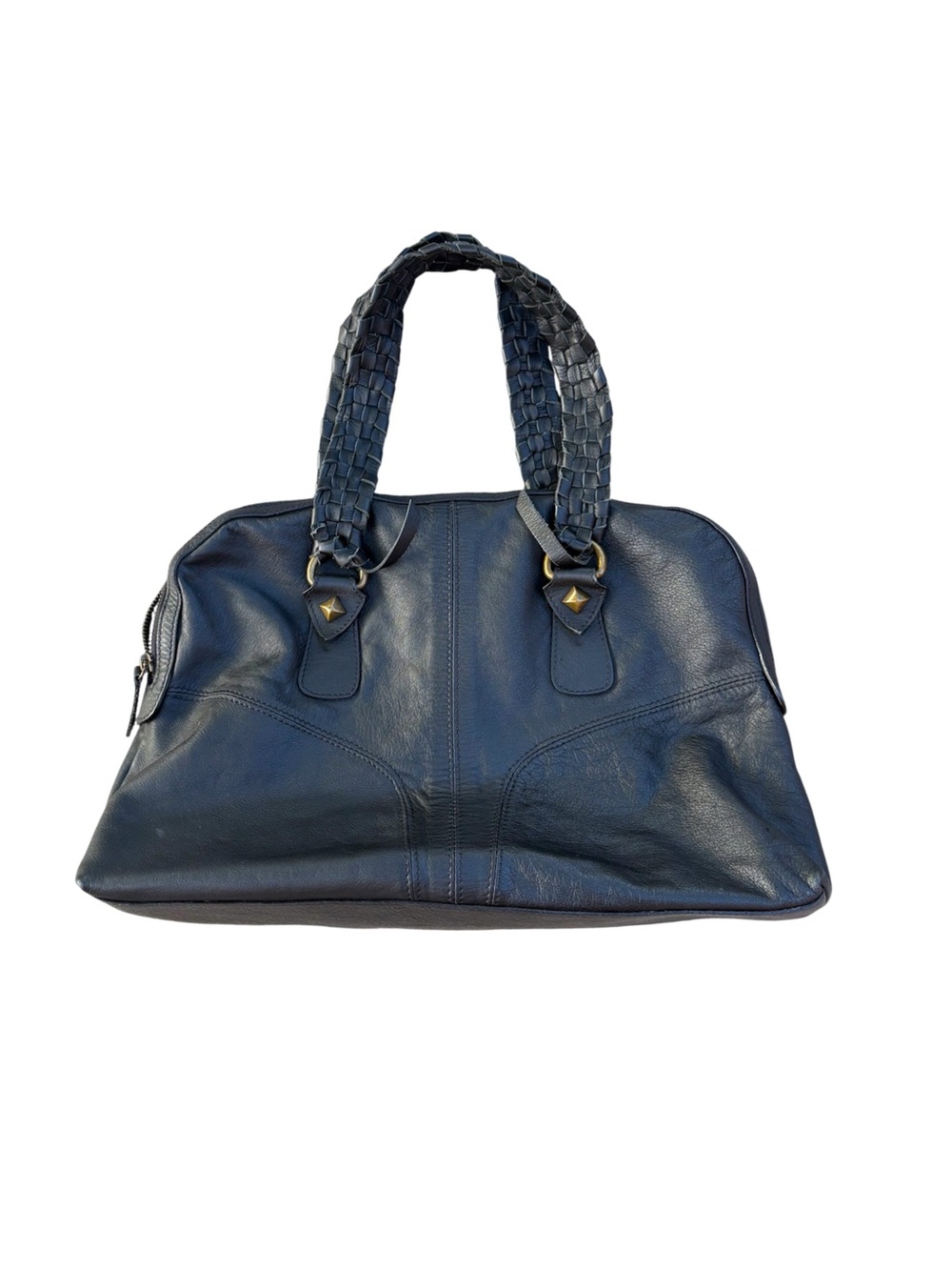 Falor Black Vintage Leather Tote Bag Woven Handles